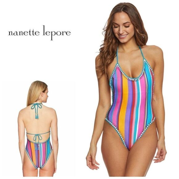 New. Nanette Lepore stripe low cut back Swimsuit. Retails $164 - Picture 1 of 8